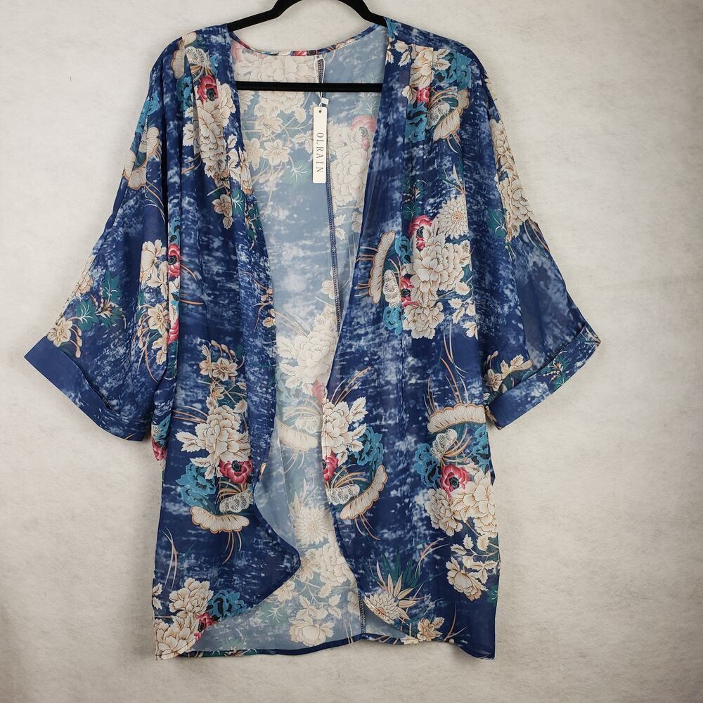Olrain Size M Open Front Lightweight Duster Top Blue Oceanic Asian Print‎ NWT